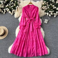 EWQ Fashion Party Long Dress Women Embroidered Lantern Sleeves Belt Gathered Waist A-line Dresses 2024 New Clothing 27C698