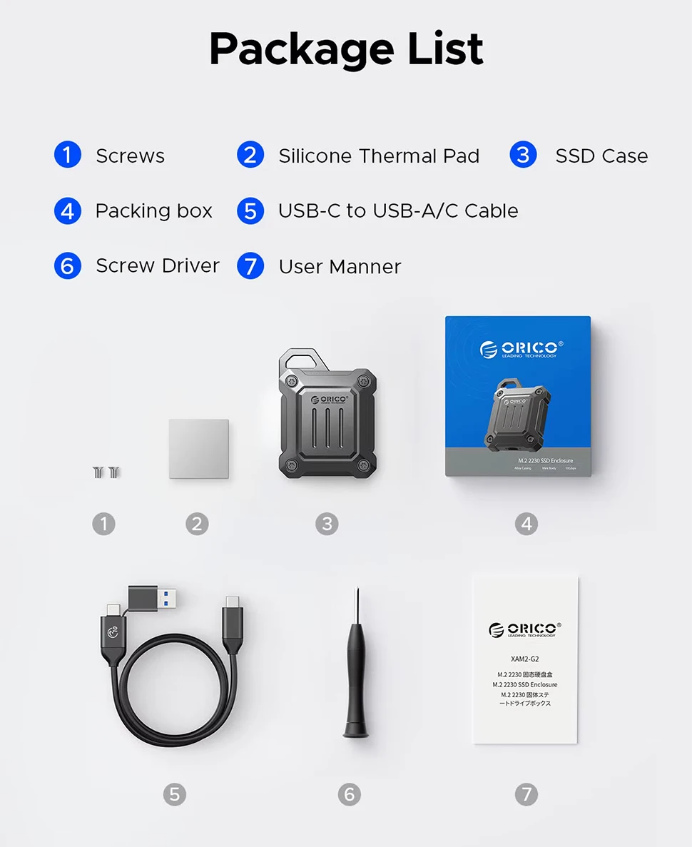 ORICO Portable M.2 2230 NVMe SSD Case 10Gbps External Hard Disk Enclosure USB C 3.2 Gen 2 M2 Housing Storage Box for PC Laptop