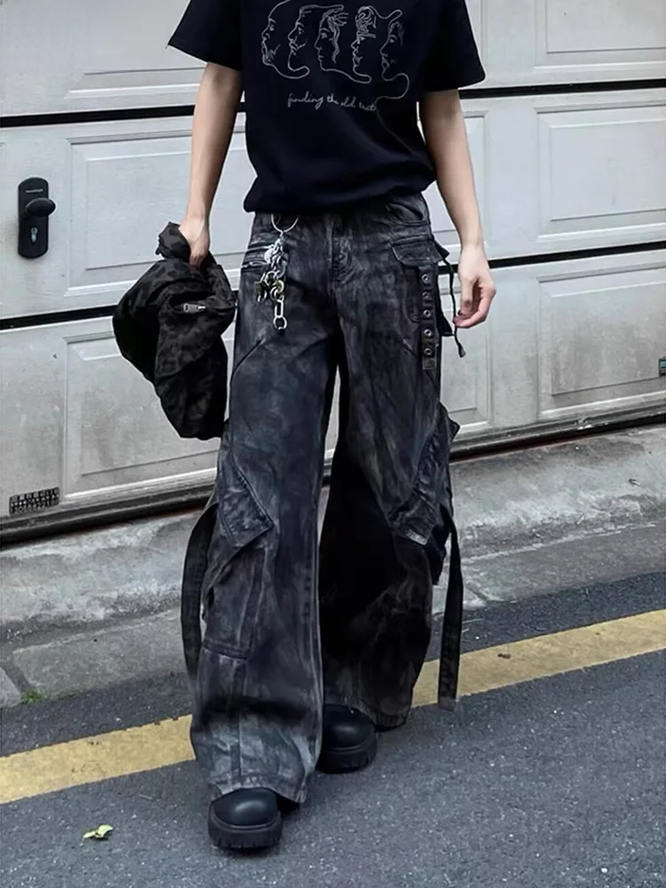 American Retro Punk Style Men's Denim Jeans Multiple Pockets Workwear Design Heavyweight Worn-In Look Spring Season Jeans