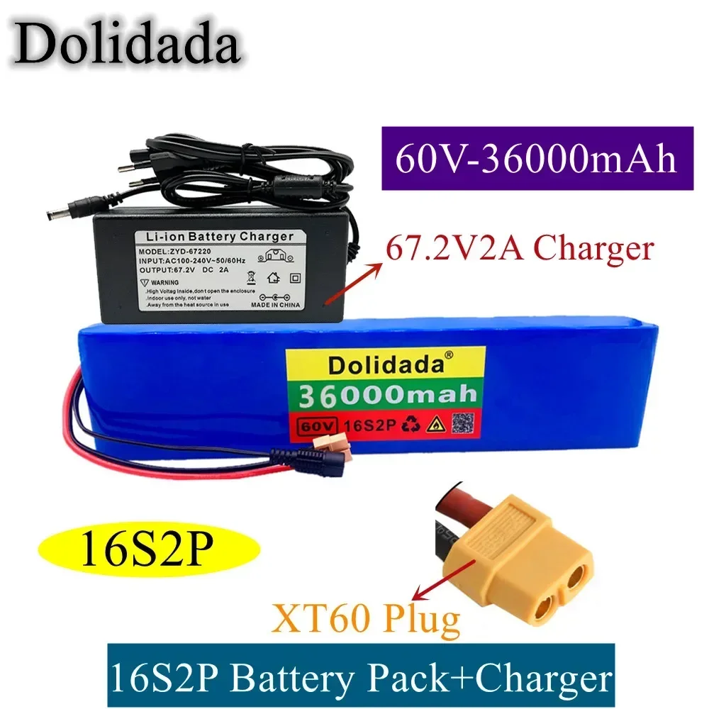 

16S2P 60V Battery Pack 36Ah 18650 Li-ion Rechargeable Battery BMS 1000W XT60 Plug 67.2V Charger