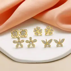 Small Clear Crystal Clover Earrings for Women Gold Plated Flower Ear Studs CZ Jewelry Friends Gifts ersq99