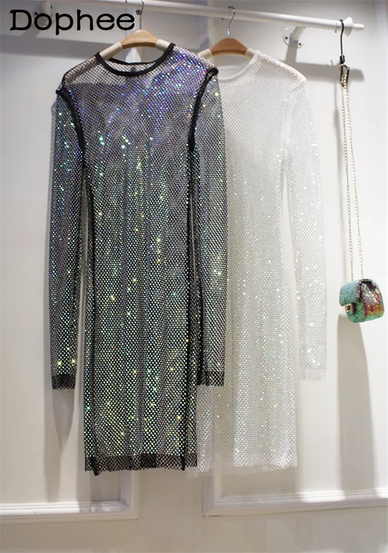 2022 Summer Colorful Shiny Rhinestone Long-Sleeved Dress Women Mesh Sequined Hollow Out See-through Party Nightclub Midi Dress