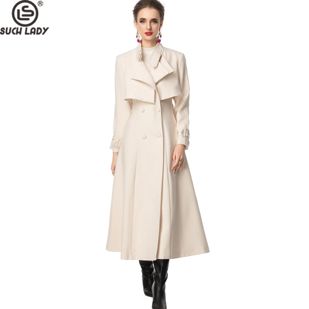 Women's Faux Wrap Long Trench Coat Double Breasted Buttons and Buckled Cuffs  Elegant Fall Winter Outerwear