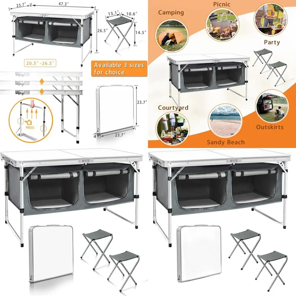 

Portable Folding Table with Adjustable Height and Storage for Outdoor Activities, BBQs, and Camping