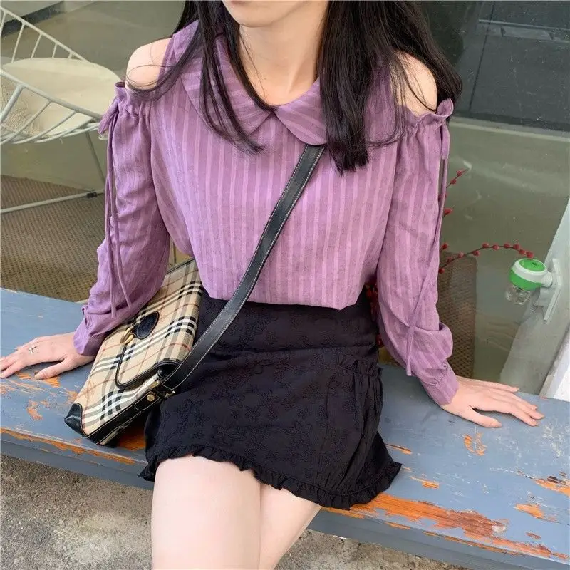 Autumn Women\'s Casual Korean Solid Color Striped Blouse Loose Fashion Long Sleeve All-match Off Shoulder Shirt Female Clothing