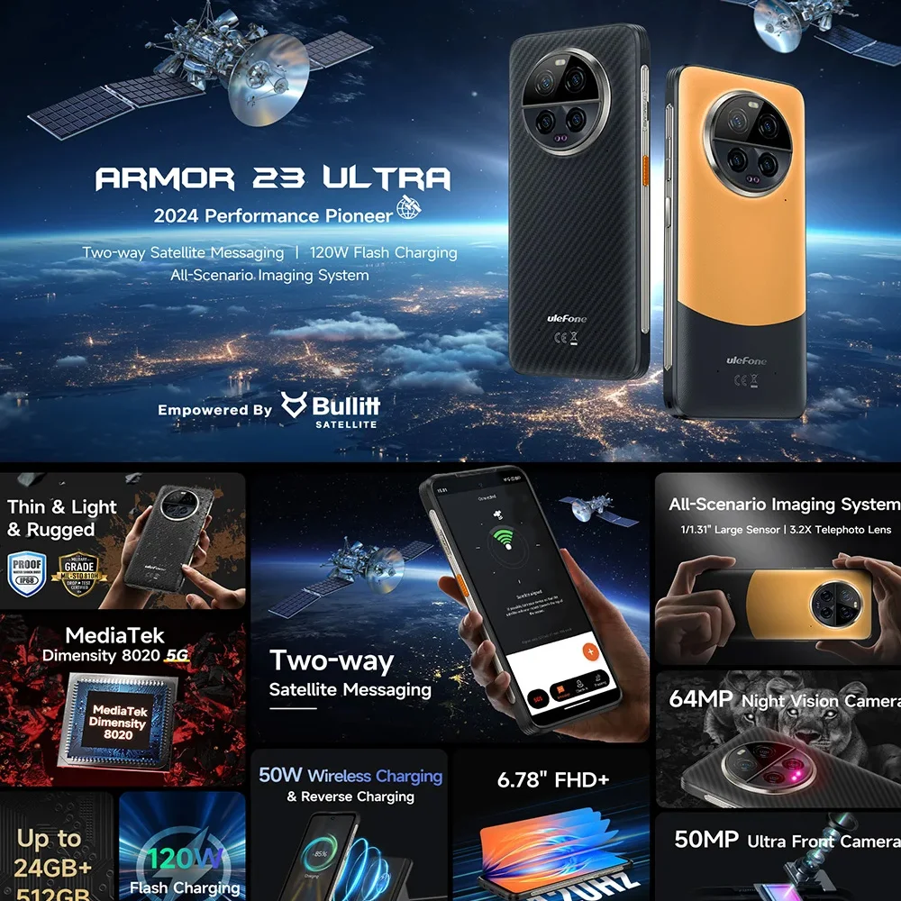 Ulefone Armor 23 Ultra 5G هاتف متين رسالة الأقمار الصناعية 120 واط هاتف ذكي 64 ميجابكسل كاميرا ليلية 24 جيجابايت + 512 جيجابايت NFC أندرويد 13 هاتف محمول