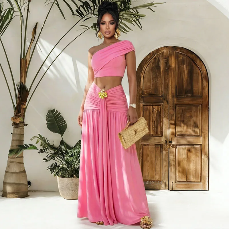 Fashion Ruched Elegant Party Dress Sets Women 2 Piece Set Outfit Holiday One Shoulder Crop Top and Long Skirt Matching Sets Club