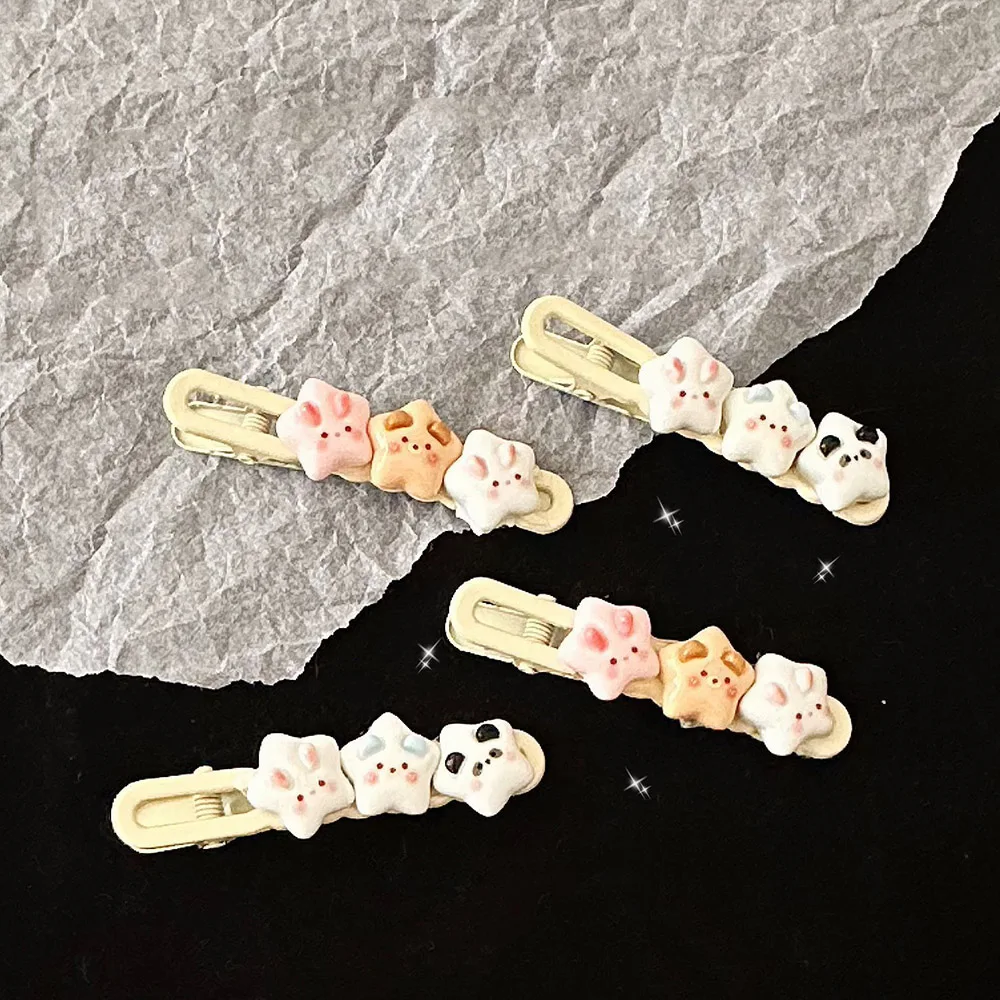 2PCS Cute Animal Stars Wave Hairpins Cartoon Sweet Soft Sweet Girl Wind Forehead Broken Hairclip Hair Accessories