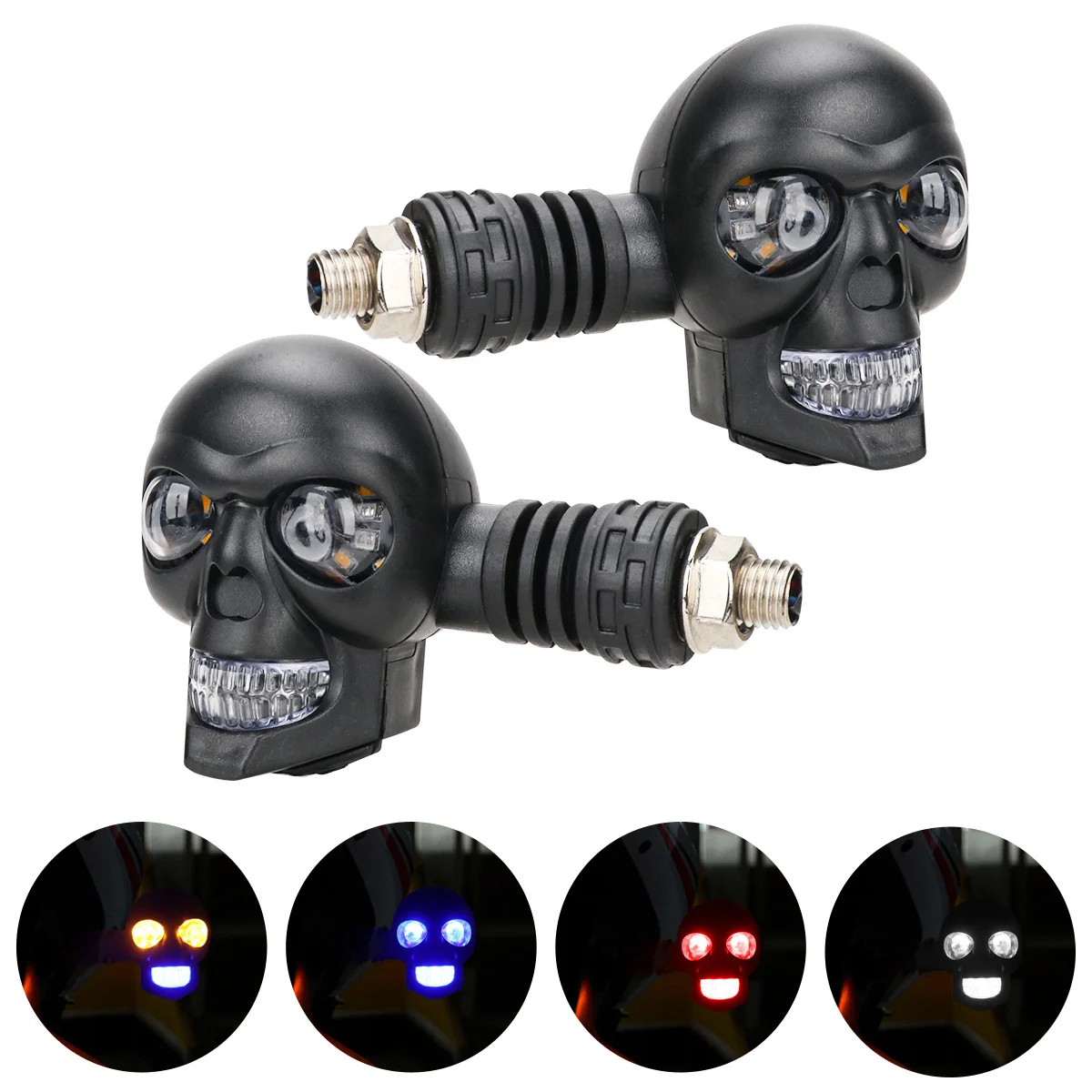 Motorcycle Indicator Turn Signals Lights Skull Dual Color Motorbike Front Rear Turn Signal White/Red/Blue + Yellow Running Lamp