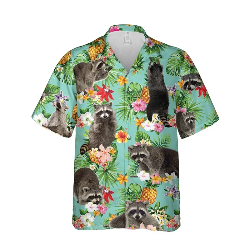 

Pop Funny Animal Raccoon 3D Print Beach Shirts For Men Procyon Lotor Lover Short Sleeve Bear Lapel Blouse Hawaiian Boy Button To