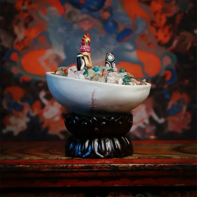 Tibetan Buddhist Kapala Offering Bowl Ceramic Torpa Ritual Cup with Lotus Base Dharma Altar Supply Meditation Worship Decor