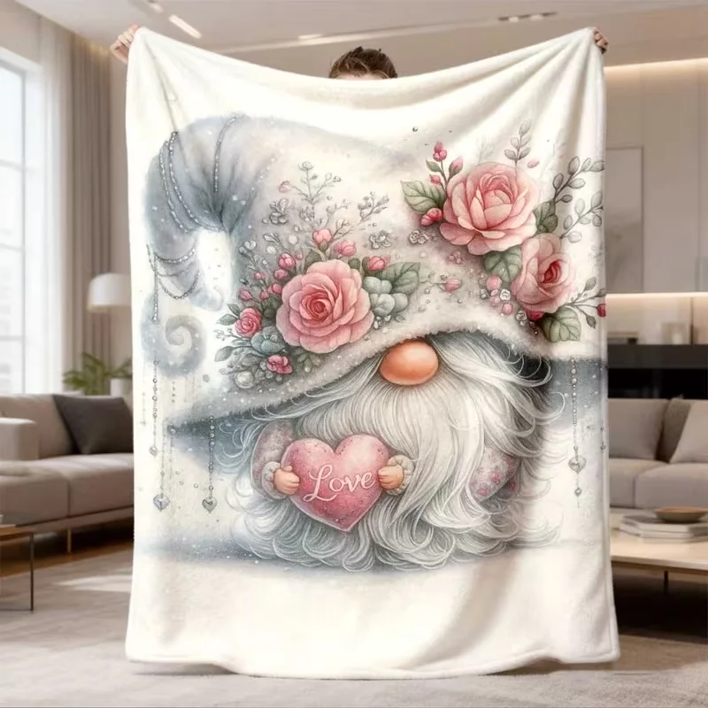 Cute Gnome Pink Rose Love Heart Throw Blanket Watercolor Floral Dwarf Pattern Soft Warm Home Decor Travel Blanke for Daily Use