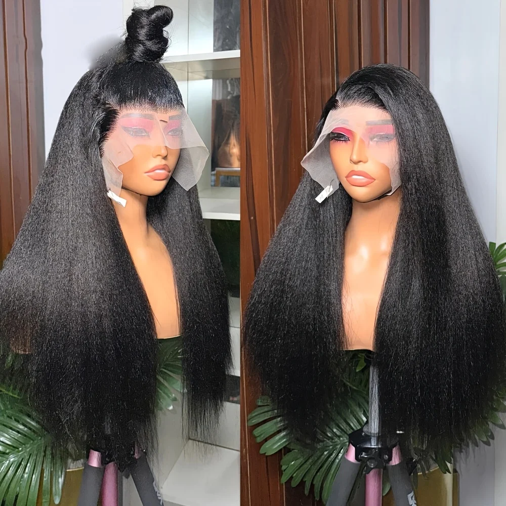 13x4Lace Front Wig Soft 28Inch 180Density Natural Black Kinky Straight  For African Women With Baby Hair Preplucked Glueiess