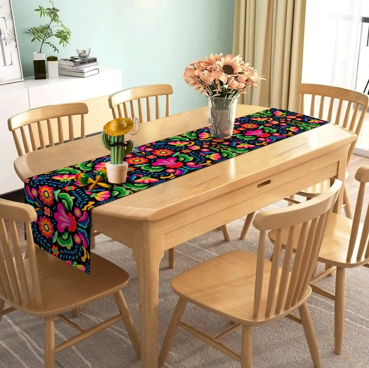 Mexican Fiesta Table Runner - 1PC Dia De Los Muertos Cinco De Mayo Skull Folk Floral Cover for Dining Table