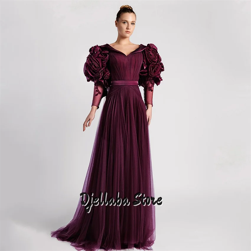 

Фиолетовое вечернее платье Арабская женщина Вечернее платье по индивидуальному заказу с v-образным вырезом из тюля с длинными рукавами и пуговицами Саудовские вечерние платья для выпускного вечера