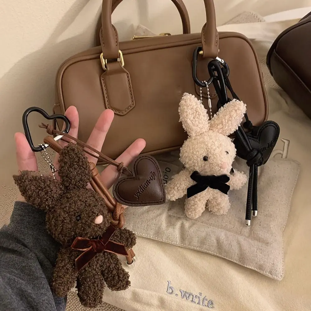 

New Plush Bunny Keychain Cartoon Doll Kawaii Bag Charm Leather Heart Pendant Couples