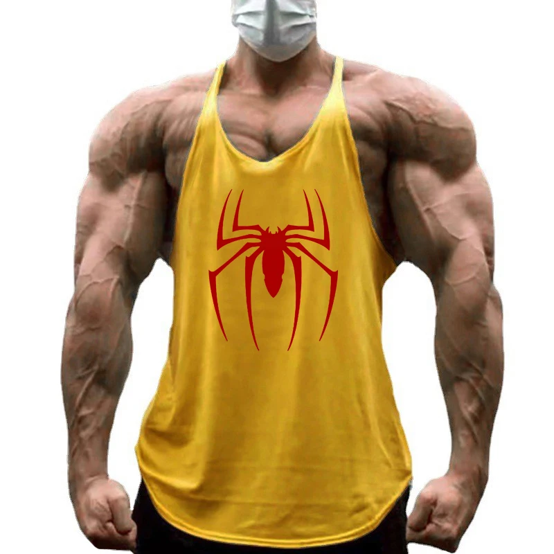 Red Spider Printed Sleeveless Y-back Tank Tops Gym Fitness Bodybuilding Sport Shirts Cotton Breathable Mens Workout Muscle Vests