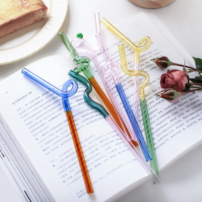 INS Chroma Splice House Artistry Glass Straws Reusable Straws Heat Resistant Glass Straw Drinking Milk Tea Long Stem Glass Staw