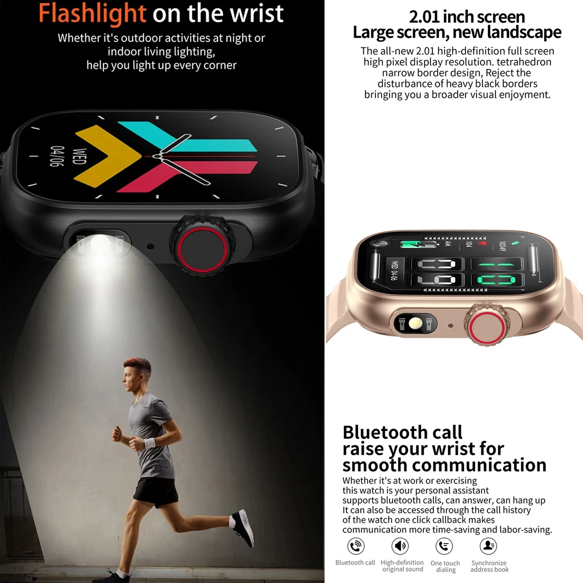 2024New Smart Watch Men Women Gifts LED Flashlight BT Call 100 Sport Modes Fitness Tracker Health Monitoring AI Voice Smartwatch