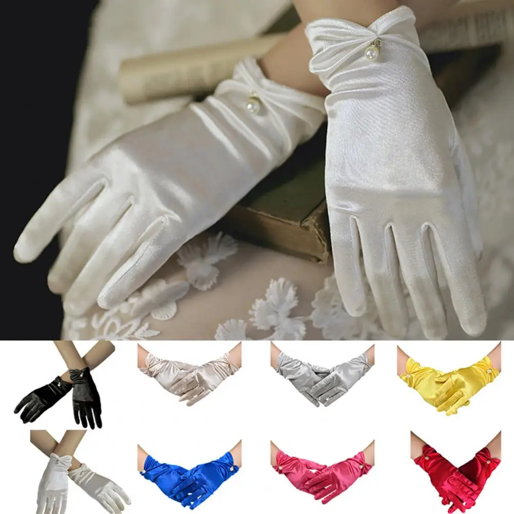 

1 Pair Retro Smooth Satin Short Sexy Mittens Bride Gloves Faux Pearls Decor Pleated Cuffs Solid Color Vintage Wedding Gloves