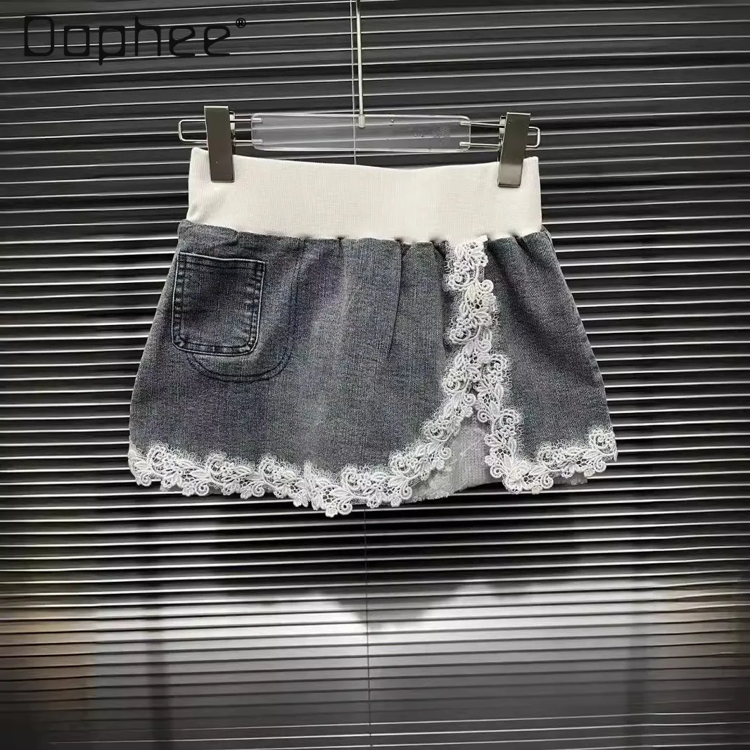 

Retro Washed Denim Skirts Lace Patchwork Split Elastic Waist Sexy Women 2024 Summer Fashion Street Vintage Jeans Mini Skirt