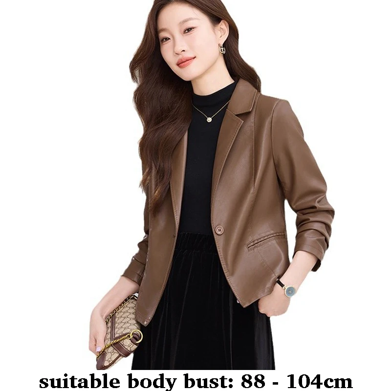 

Высококачественный кожаный пиджак для женщин, куртка с вырезом и карманами, осень-зима 2024, элегантная офисная одежда, черный, коричневый