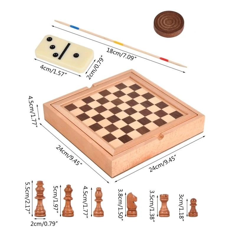 보관 서랍이 있는 나무 체스 & 체커 세트 어린이를 위한 5-in-1 보드 게임 세트 부모 휴대용 가족 게임 체스 세트 15UB