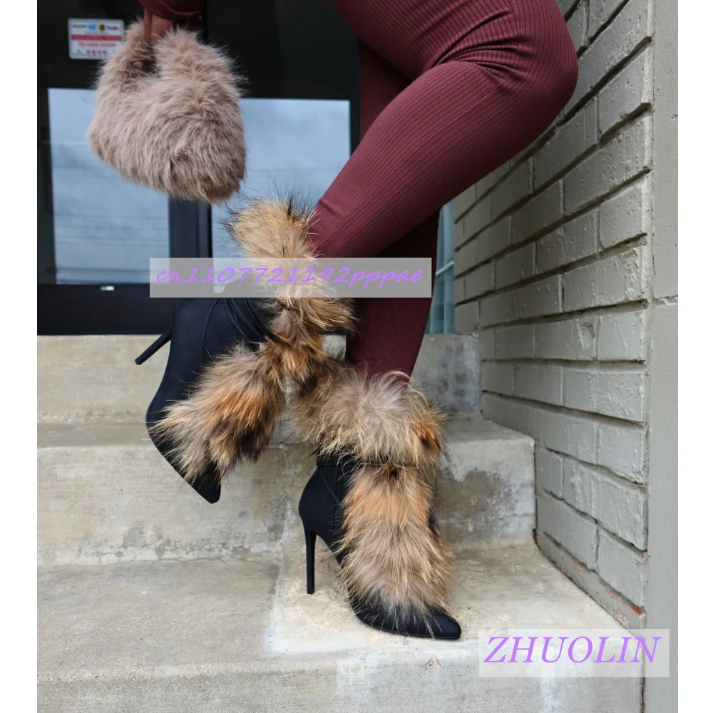 Winter Matte Black Fluffy Fur Ankle Boots Women'S Pointed Toe High-Heeled Zipper Runway Boots Warm Wrap-Around Strap High Heels