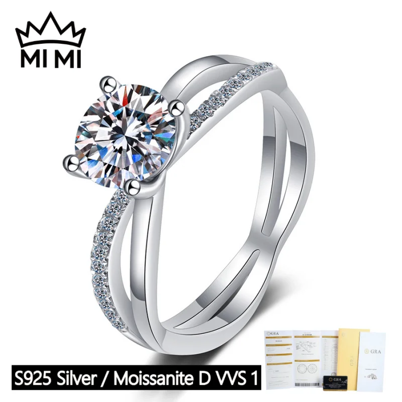 

MI MI S925 Sterling Silver GRA Certified 1 Carat Four Prong Cross Hollow Out Moissanite Engagement Ring for Women with Gift Box