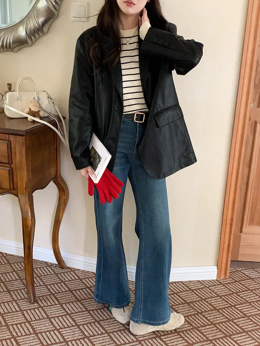 Women's Retro Loose Slim Fit Leather Jacket Autumn 2025 Casual Long Sleeve Coat Fashionable Outerwear