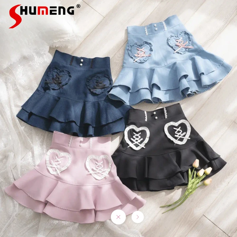 

Summer Skirt Japanese Lolita Sweet Solid Color Short Skirt Ruffled Love Slimming Culottes Stringy Selvedge Lace-up Skirts Female