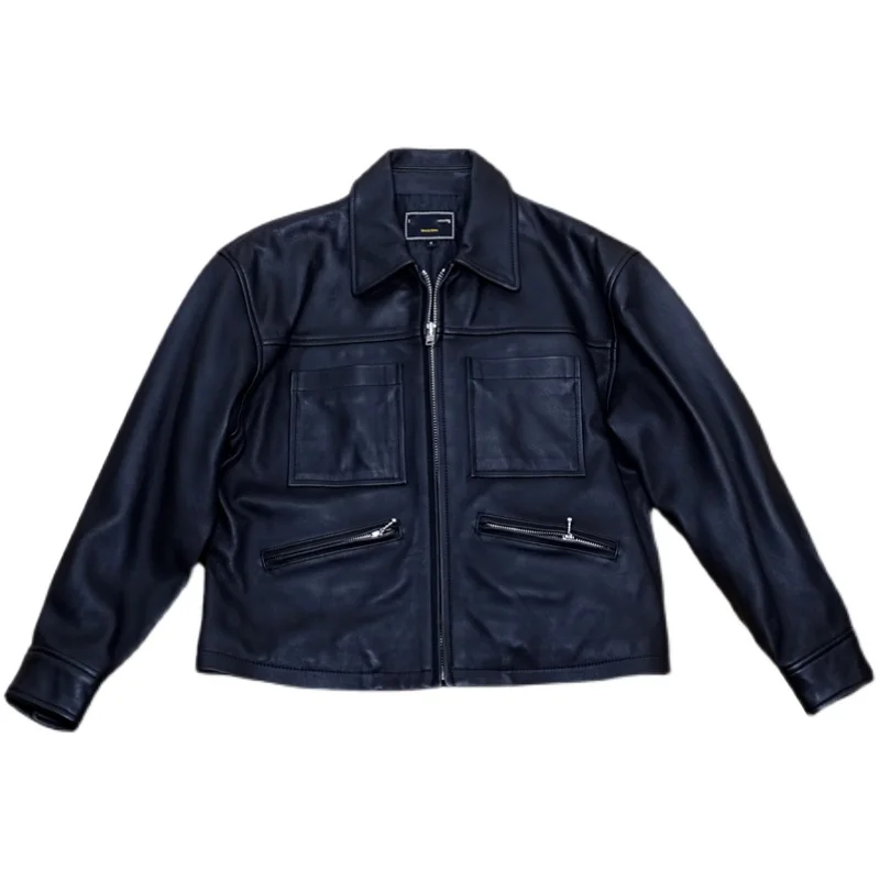 Lekki, prawdziwy skórzany płaszcz z licowej skóry bydlęcej, styl lazy fashion, marki Sle Curphey, zapinany na zamek, długi płaszcz.