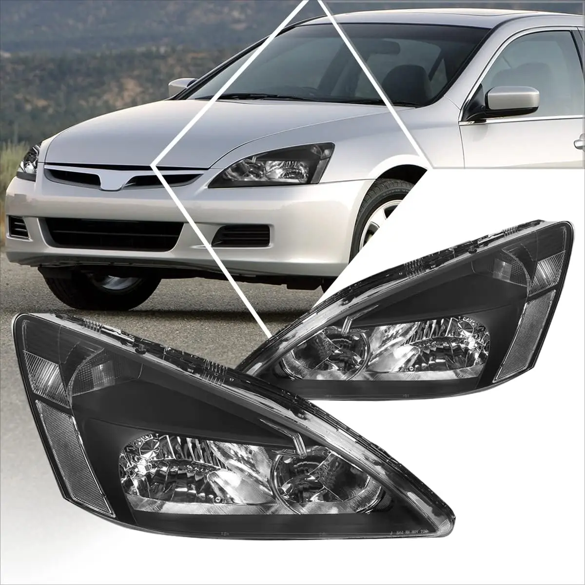 

Headlights Assembly Compatible with 2003-2007 Honda Accord, Pair of Halogen Headlamps with Black Housing Clear Corner