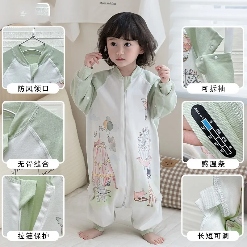 Baby pure cotton split leg sleeping bag, spring and summer detachable sleeves, anti kick, baby jumpsuit, boneless sewing