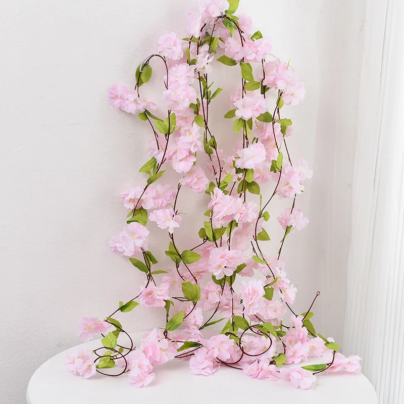 1.8m Artificial Flowers Cherry Blossoms Vines Silk Flowers Sakura Rattan Christmas Ornament Hanging Garland Wedding Home De