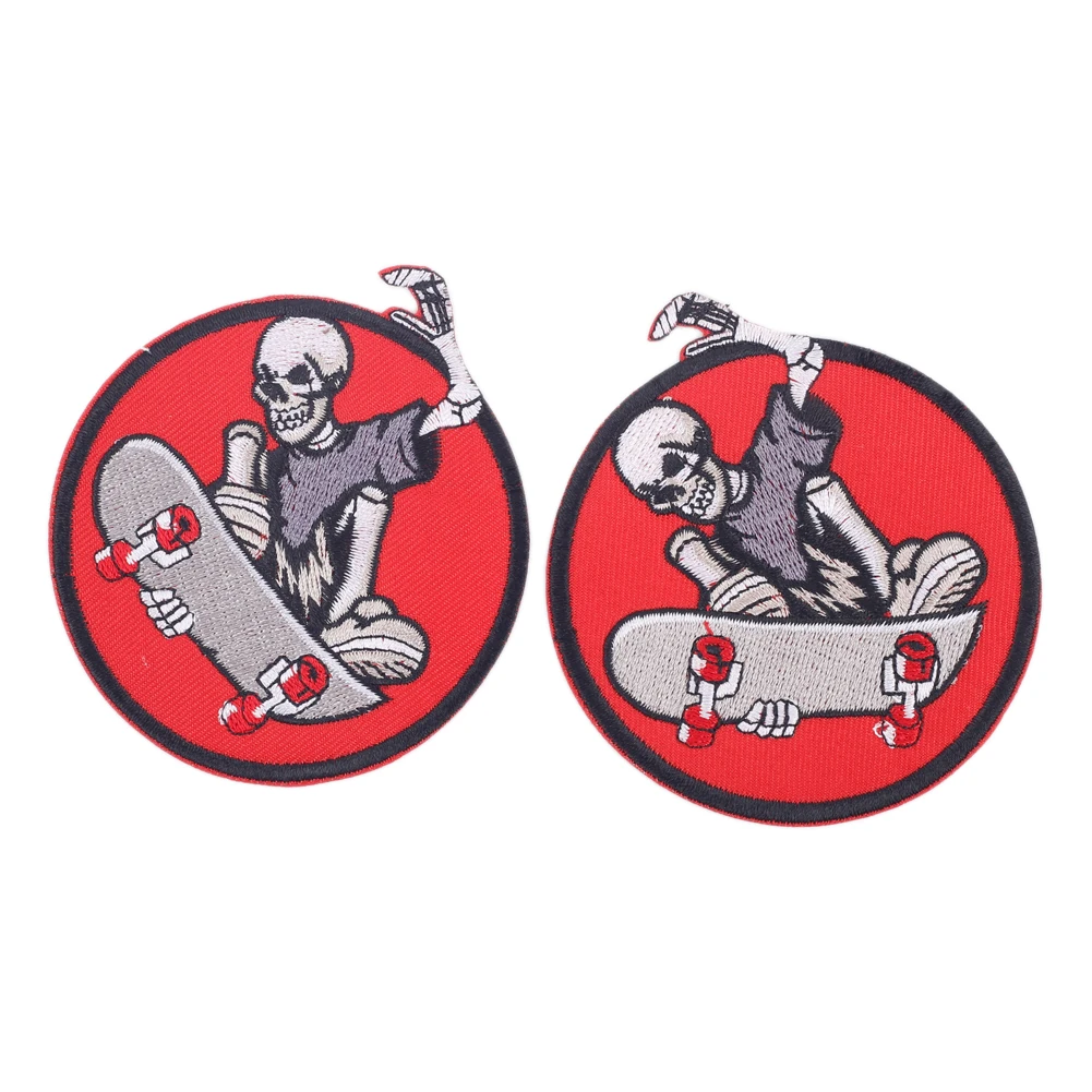 Skeleton Skateboard Embroidery Patch Red Circle Badge Iron-On Heat Transfer Patches Sewing Applique Sticker for Clothes Shoe Hat