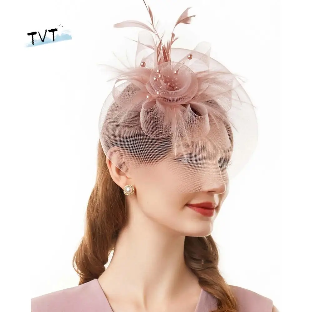 

Exquisite Elegant Feathers Mesh Headband Retro Luxury Bridal Headband Fancy Headdress Flower Wedding Head Hoop Formal Dress