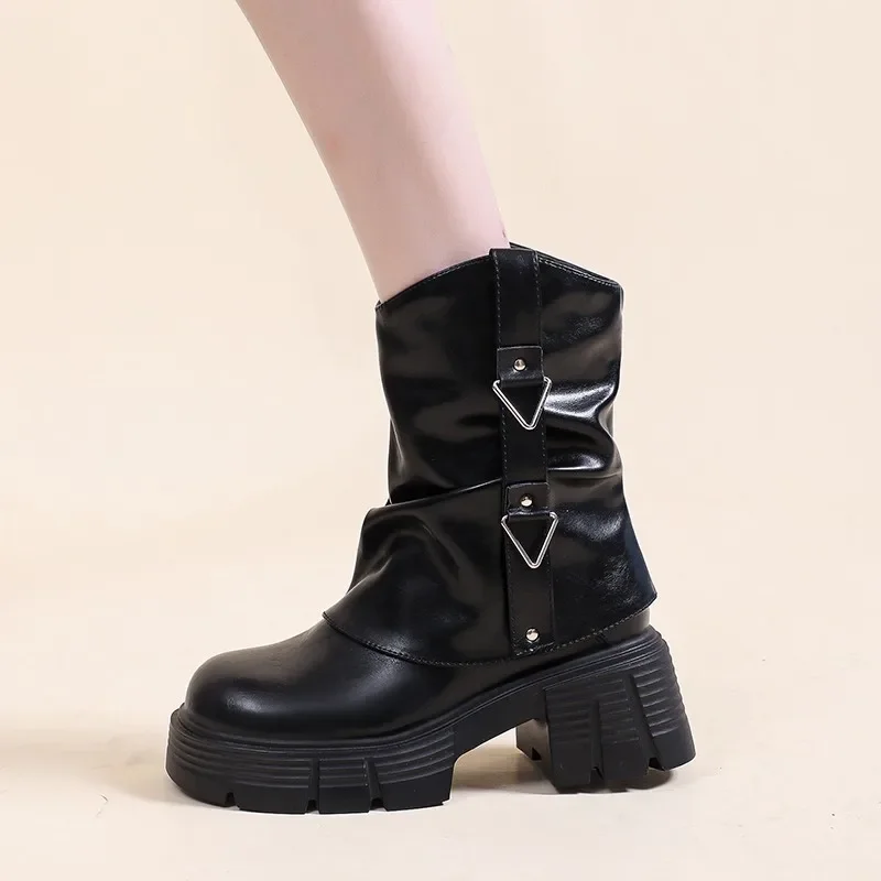 Women's Shoes 2024 Brand Side Zipper Women's Boots Fashion Round Toe Modern Boots Women Hot Sale Metal Decoration Mid-Calf Boots