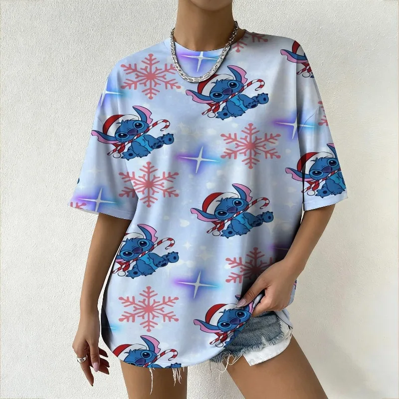 

Disney Women's Summer T-Shirt with Cute Stitch Christmas Snowflake Prints Trendy Streetwear for Casual Daily & Fashionable Top