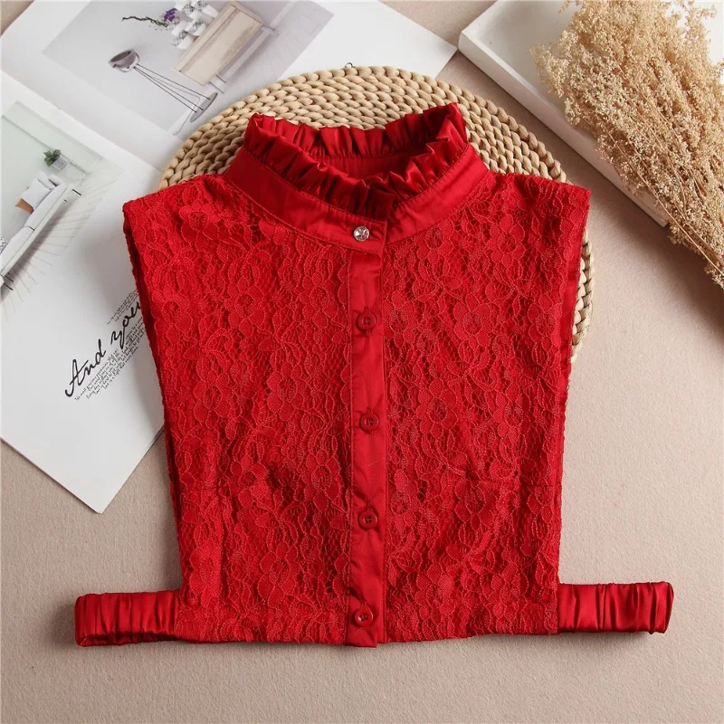 1 Pc Lace Open-necked Blouse with Floral Lace Trim Women's Ruffled Stand-up Collar Sweater Collar Wine Red Color