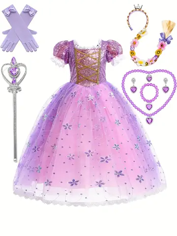 Girls' Sparkling Purple Princess Party Dress with Floral Sequin Detailing - Elegant Tulle Skirt for Birthdays, Halloween, and Special Occasions, Princess Dresses for Girls