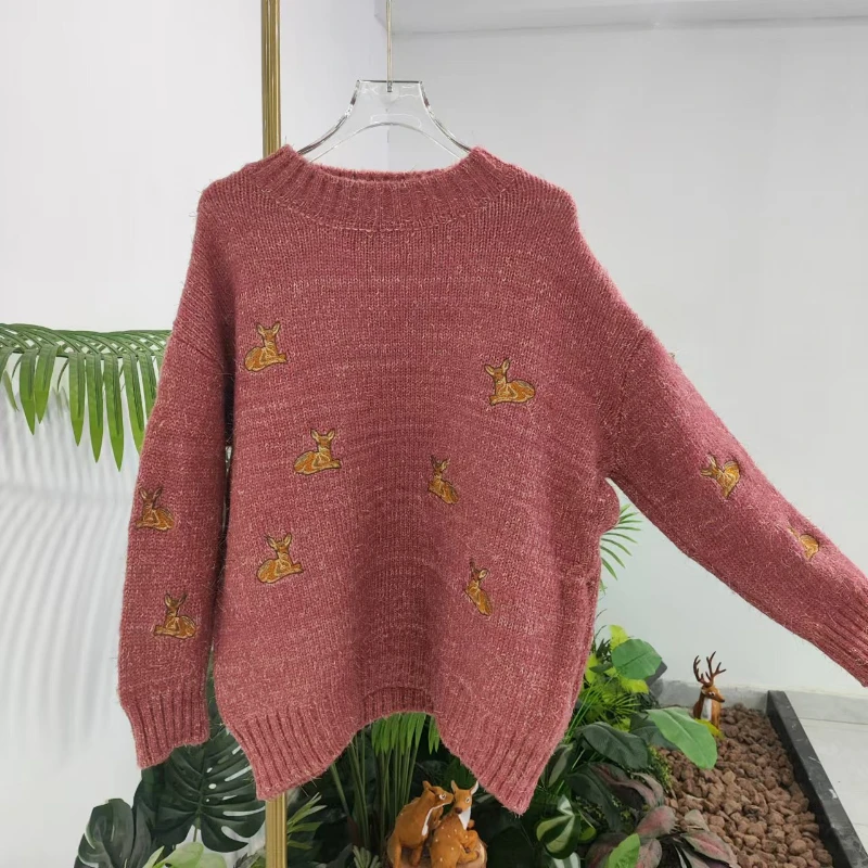 

DAYIFUN Women's Deer Embroidered Sweater Gold Sweaters Vintage Loose Pullover For Female Ladies' Round Neck Winter Clothing Tops