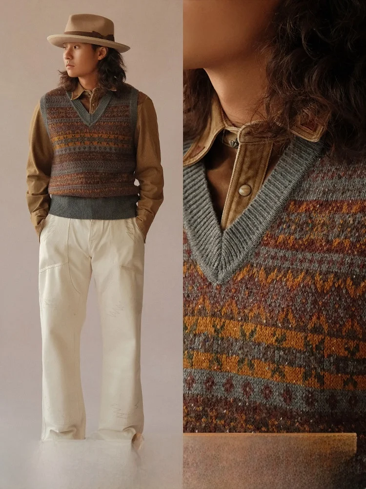 

Винтажный жилет-свитер из смесовой шерсти Fair Isle в британском стиле, облегающий, удобный, мягкий, с геометрическим узором, осенний повседневный вязаный...