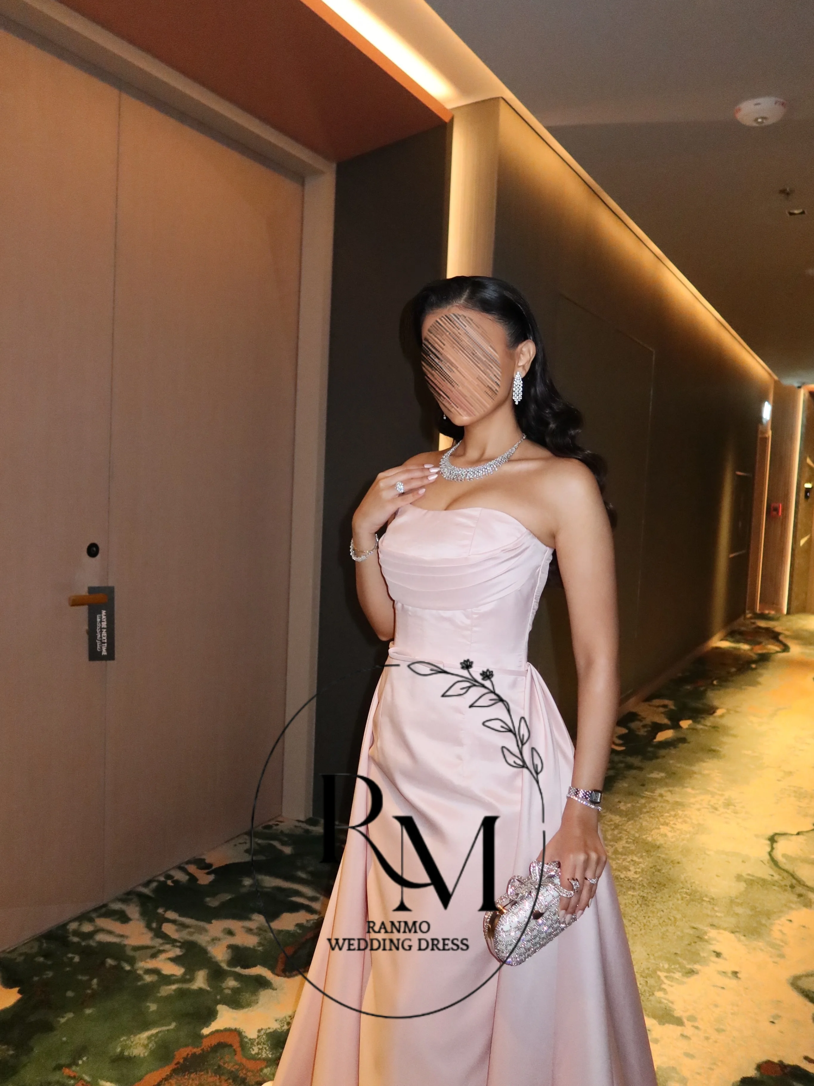 Ranmo Light Pink Charmeuse Pleat Ruched Mermaid Strapless Floor-Length Evening Dresses for Woman Party Gowns Customized