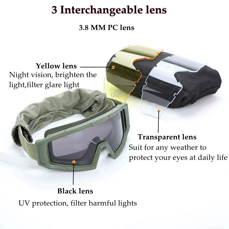 Tactical Goggles 3 Lens Windproof Outdoor Shooting Hunting Eyewear CS War Game Motorcycle Safety Protection Glasses