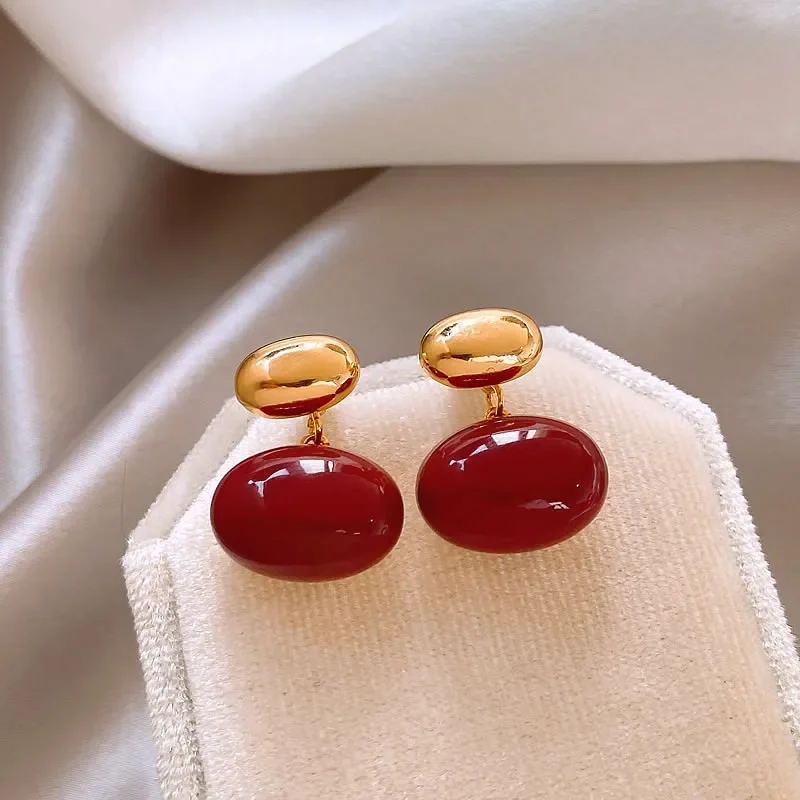 Korea new design fashion jewelry 14K gold plated oval beanbean enamel red earrings elegant women's daily work accessories
