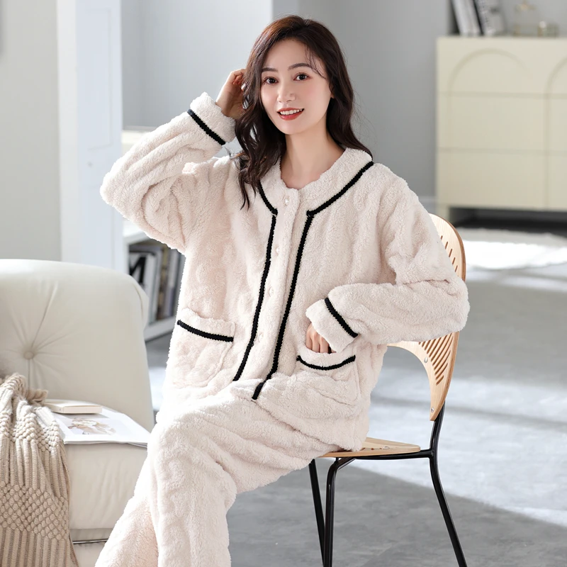 High Quality  Sleepwear Coral Fleece Women Pajamas Set Autumn Winter Home Clothing Warm Loungewear Suit