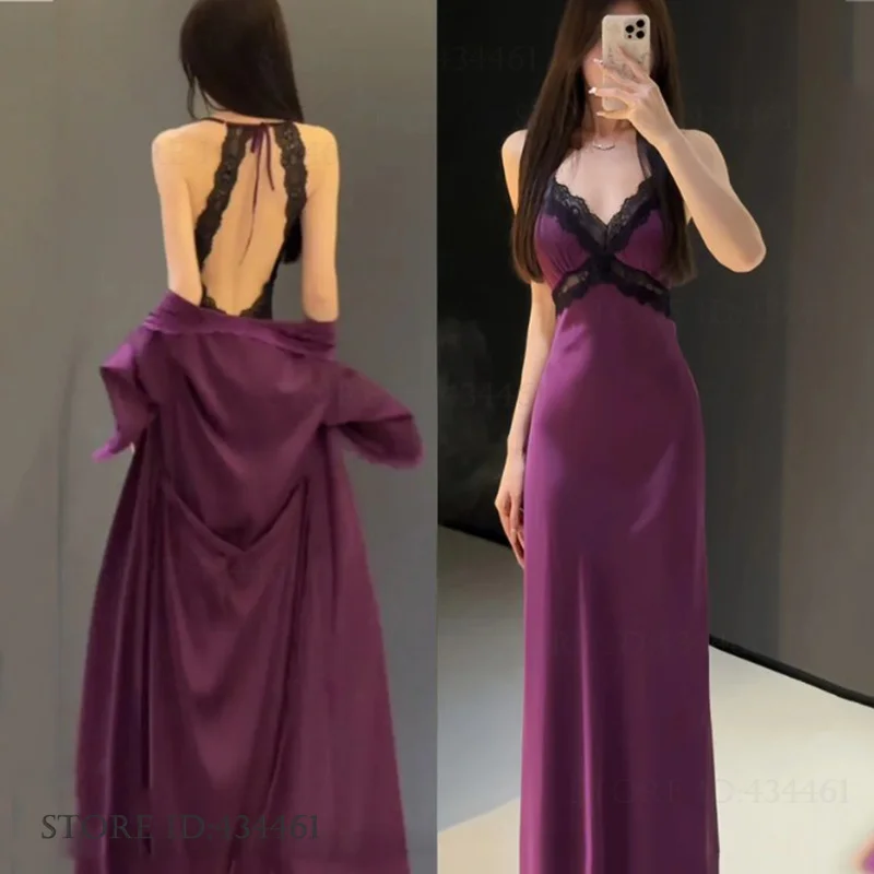 Elegant Women Long 2PCS Robe Set Female Sleepwear Sexy Patchwork Lace Nightgown Lingerie Summer Silk Satin Home Dress Loungewear - Image 2