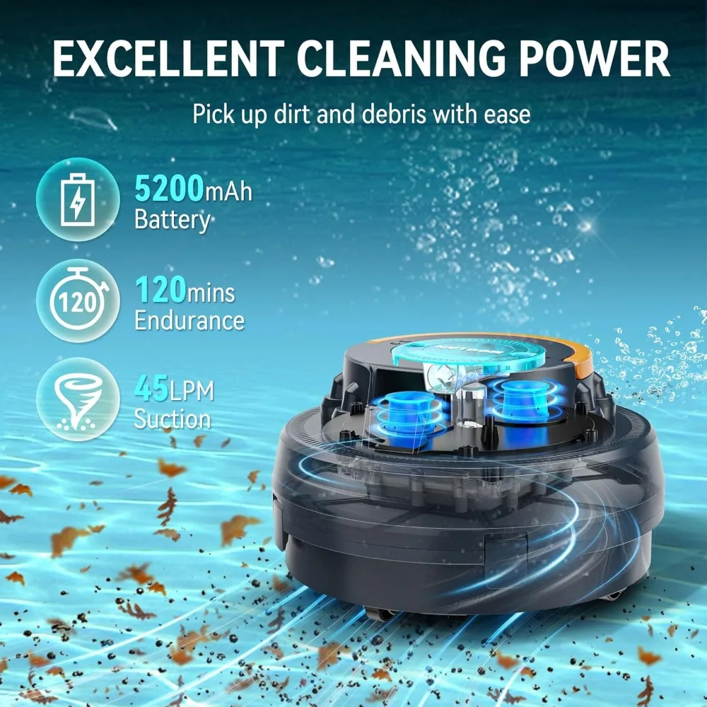 Robotic Pool Cleaner, Lasts Up To 120 Mins, Dual-Motor, Self-Parking, Pool Vacuum for Above/In Ground Flat Pools Up To 914 Sq Ft