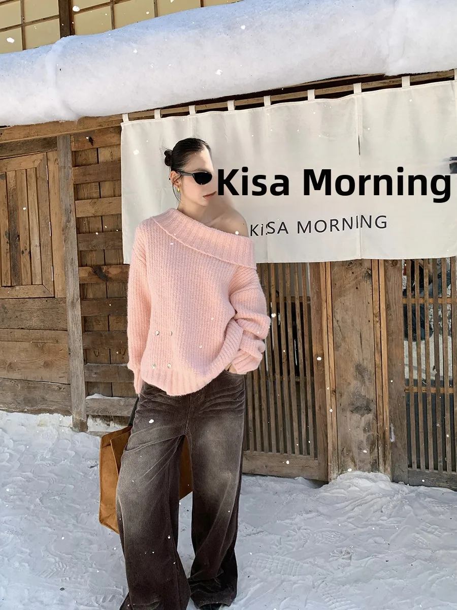 

Женский вязаный свитер на одно плечо с узором «косы», корейский стиль, приталенный, зимний, модный, свободный крой, длинный рукав